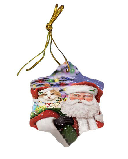 Santa Carrying American Curl Cat and Christmas Presents Star Porcelain Ornament SPOR55835