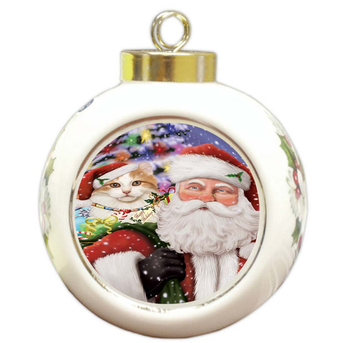 Santa Carrying American Curl Cat and Christmas Presents Round Ball Christmas Ornament RBPOR55835