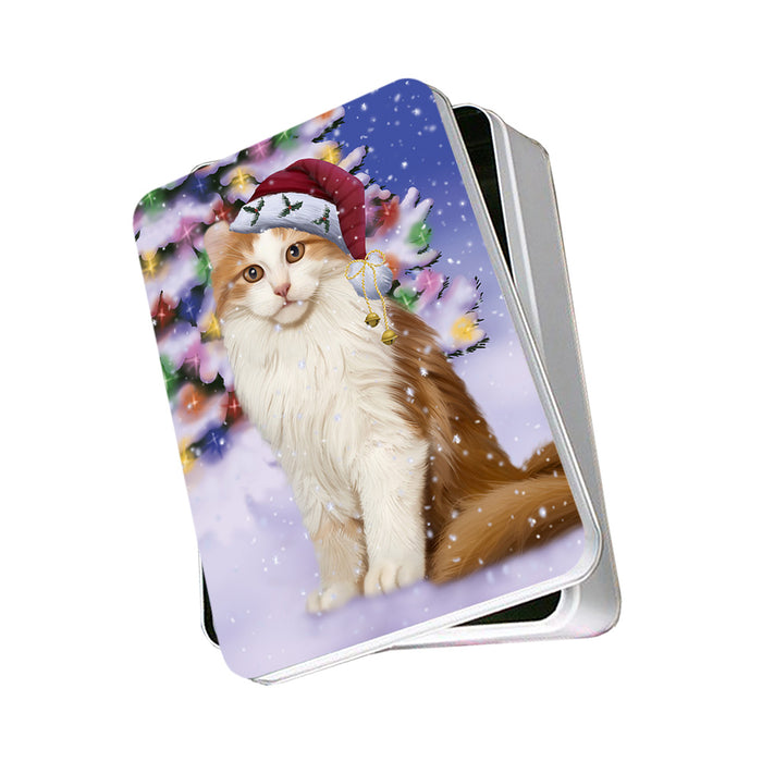 Winterland Wonderland American Curl Cat In Christmas Holiday Scenic Background Photo Storage Tin PITN55622