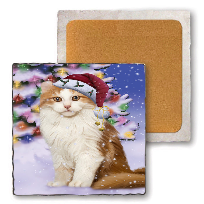 Winterland Wonderland American Curl Cat In Christmas Holiday Scenic Background Set of 4 Natural Stone Marble Tile Coasters MCST50679