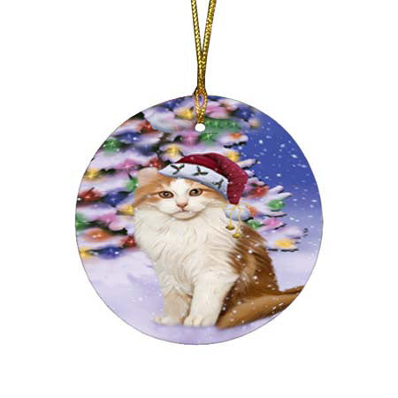 Winterland Wonderland American Curl Cat In Christmas Holiday Scenic Background Round Flat Christmas Ornament RFPOR56035