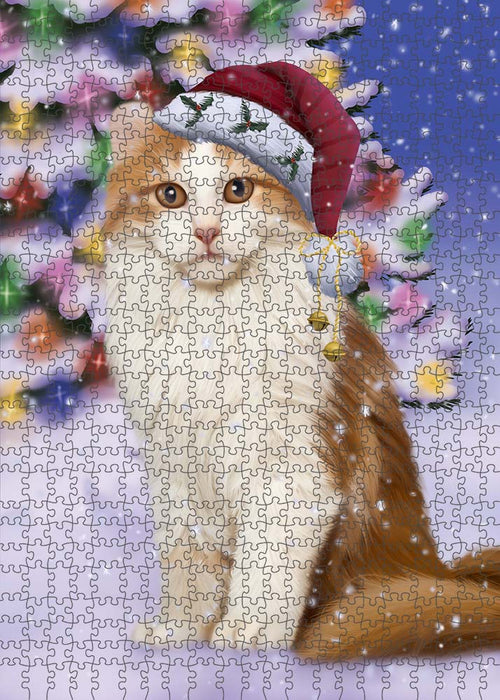 Winterland Wonderland American Curl Cat In Christmas Holiday Scenic Background Puzzle with Photo Tin PUZL90920