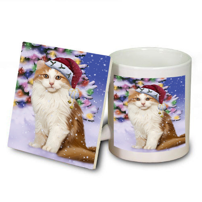 Winterland Wonderland American Curl Cat In Christmas Holiday Scenic Background Mug and Coaster Set MUC55671