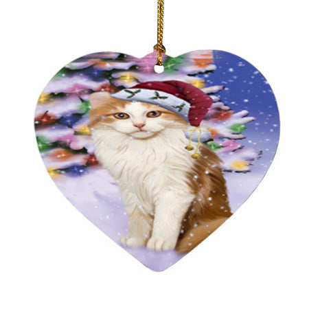 Winterland Wonderland American Curl Cat In Christmas Holiday Scenic Background Heart Christmas Ornament HPOR56035