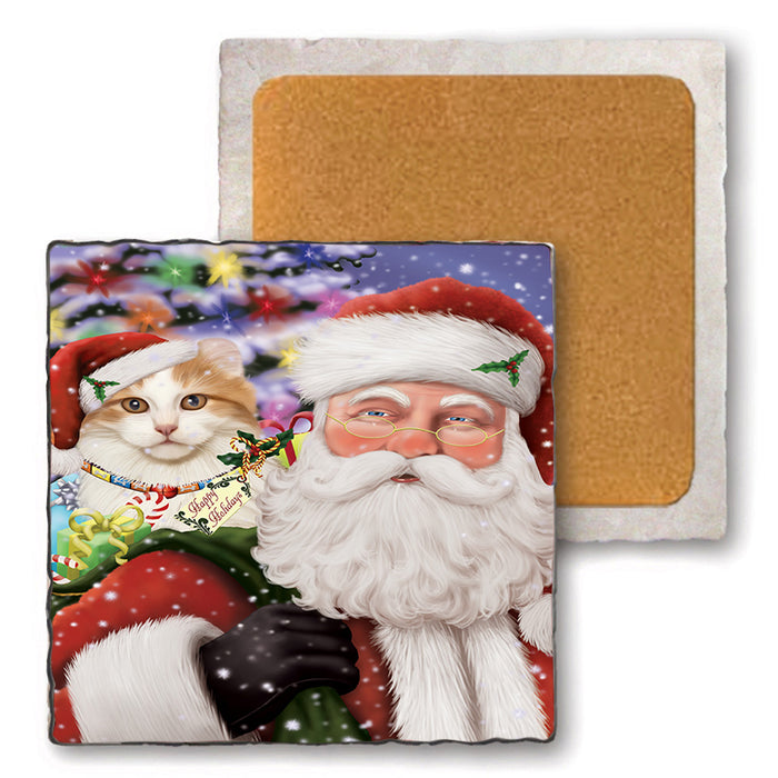 Santa Carrying American Curl Cat and Christmas Presents Set of 4 Natural Stone Marble Tile Coasters MCST50479