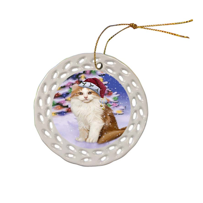Winterland Wonderland American Curl Cat In Christmas Holiday Scenic Background Ceramic Doily Ornament DPOR56035