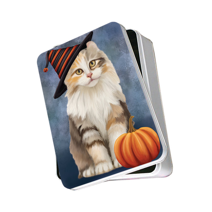 Happy Halloween American Curl Cat Wearing Witch Hat with Pumpkin Photo Storage Tin PITN54796