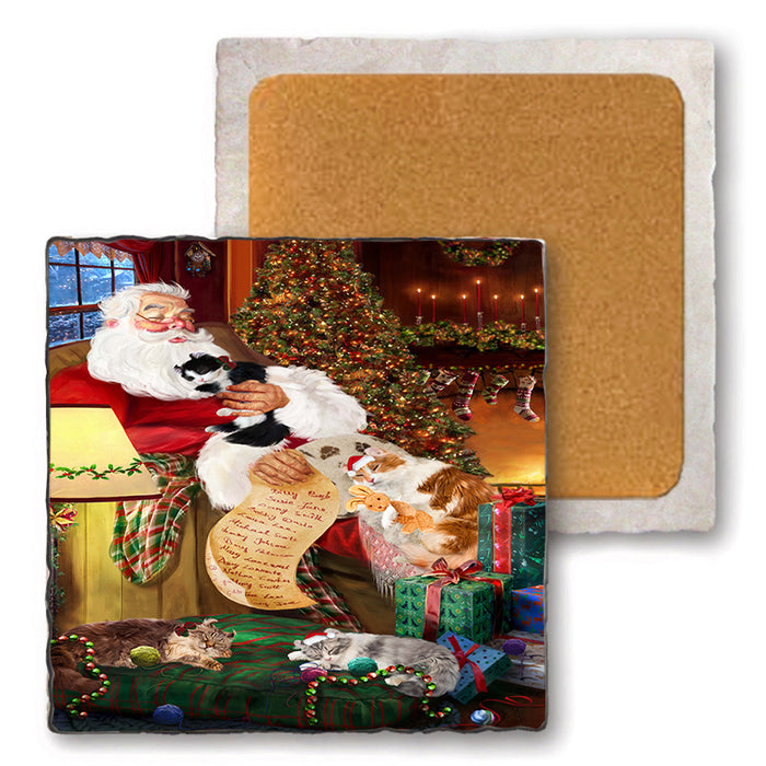 American Curl Cats and Kittens Sleeping with Santa  Set of 4 Natural Stone Marble Tile Coasters MCST49384
