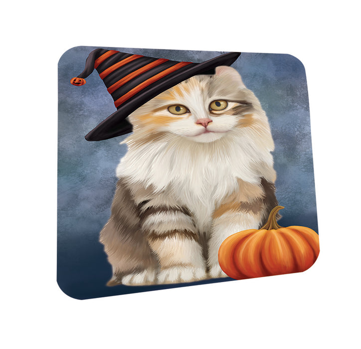 Happy Halloween American Curl Cat Wearing Witch Hat with Pumpkin Coasters Set of 4 CST54811