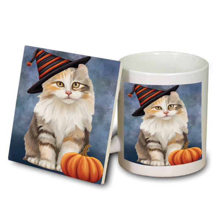 Happy Halloween American Curl Cat Wearing Witch Hat with Pumpkin Mug and Coaster Set MUC54845