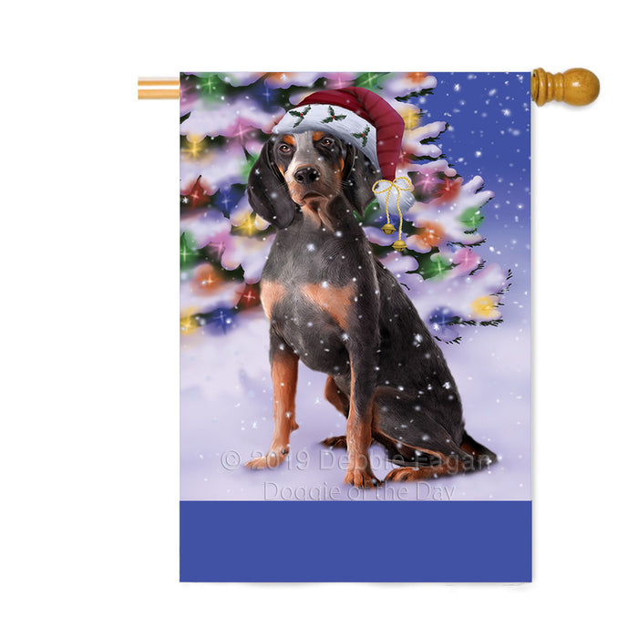 Personalized Winterland Wonderland American English Coonhound Dog In Christmas Holiday Scenic Background Custom House Flag FLG-DOTD-A61254