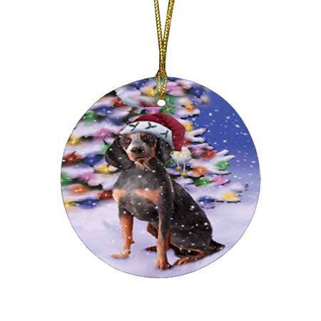 Winterland Wonderland American English Coonhound Dog In Christmas Holiday Scenic Background Round Flat Christmas Ornament RFPOR56036