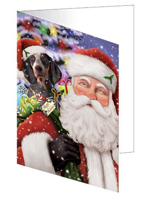 Santa Carrying American English Coonhound Dog and Christmas Presents Handmade Artwork Assorted Pets Greeting Cards and Note Cards with Envelopes for All Occasions and Holiday Seasons GCD70955