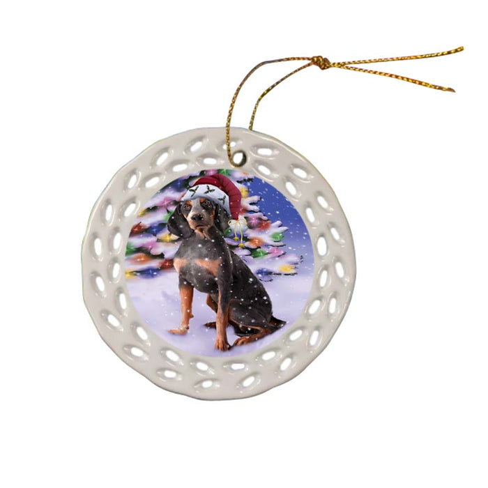 Winterland Wonderland American English Coonhound Dog In Christmas Holiday Scenic Background Ceramic Doily Ornament DPOR56036