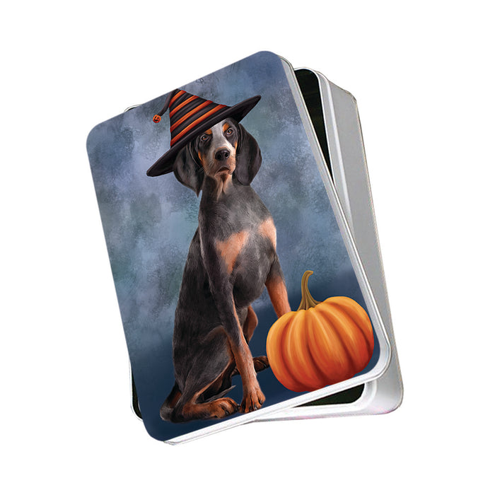 Happy Halloween American English Coonhound Dog Wearing Witch Hat with Pumpkin Photo Storage Tin PITN54797