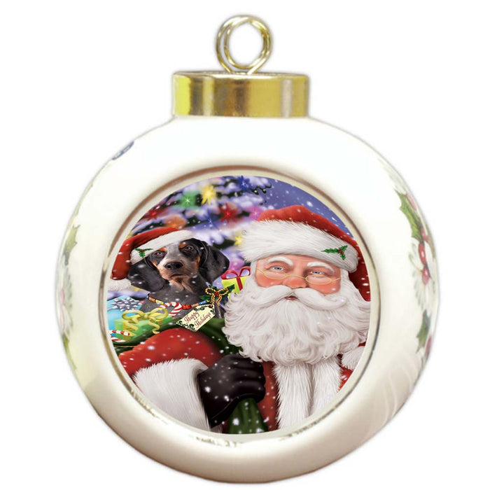 Santa Carrying American English Coonhound Dog and Christmas Presents Round Ball Christmas Ornament RBPOR55836