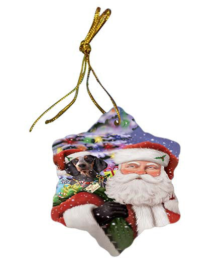 Santa Carrying American English Coonhound Dog and Christmas Presents Star Porcelain Ornament SPOR55836