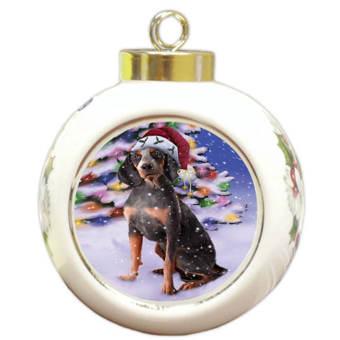 Winterland Wonderland American English Coonhound Dog In Christmas Holiday Scenic Background Round Ball Christmas Ornament RBPOR56036