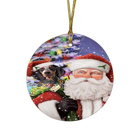 Santa Carrying American English Coonhound Dog and Christmas Presents Round Flat Christmas Ornament RFPOR55836