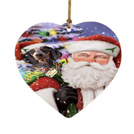 Santa Carrying American English Coonhound Dog and Christmas Presents Heart Christmas Ornament HPOR55836