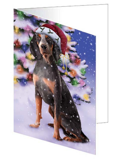 Winterland Wonderland American English Coonhound Dog In Christmas Holiday Scenic Background Handmade Artwork Assorted Pets Greeting Cards and Note Cards with Envelopes for All Occasions and Holiday Seasons GCD71555