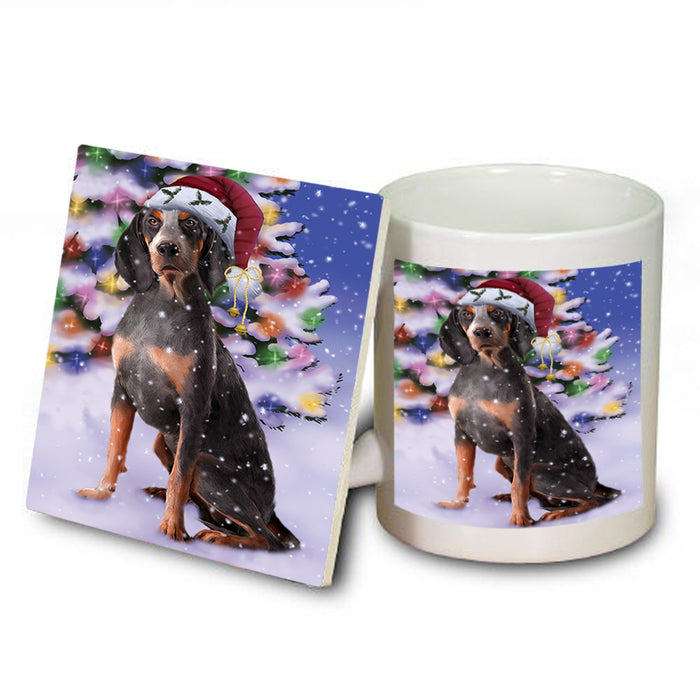 Winterland Wonderland American English Coonhound Dog In Christmas Holiday Scenic Background Mug and Coaster Set MUC55672