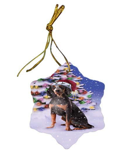 Winterland Wonderland American English Coonhound Dog In Christmas Holiday Scenic Background Star Porcelain Ornament SPOR56036