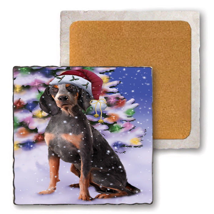 Winterland Wonderland American English Coonhound Dog In Christmas Holiday Scenic Background Set of 4 Natural Stone Marble Tile Coasters MCST50680