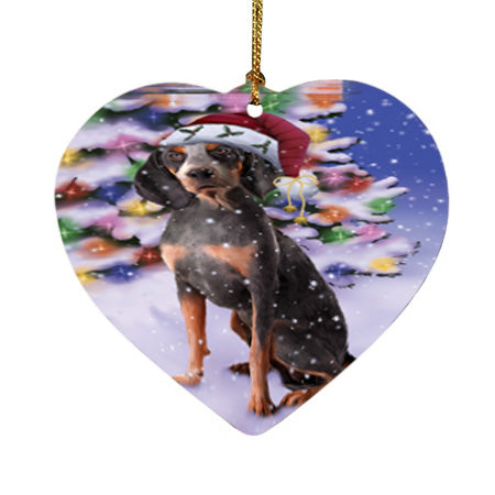 Winterland Wonderland American English Coonhound Dog In Christmas Holiday Scenic Background Heart Christmas Ornament HPOR56036