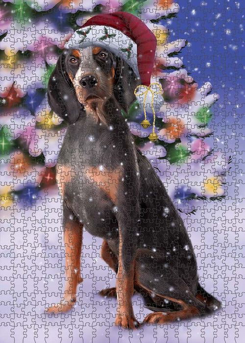 Winterland Wonderland American English Coonhound Dog In Christmas Holiday Scenic Background Puzzle with Photo Tin PUZL90924