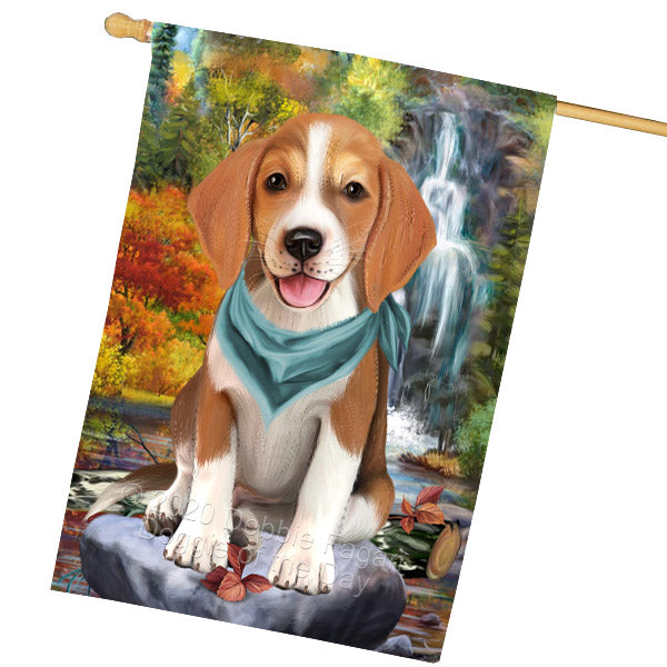 Scenic Waterfall American English Foxhound Dog House Flag Outdoor Decorative Double Sided Pet Portrait Weather Resistant Premium Quality Animal Printed Home Decorative Flags 100% Polyester FLG69252