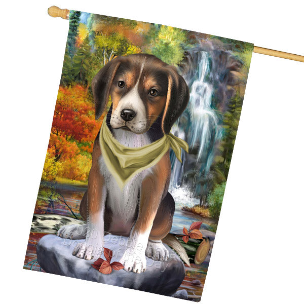 Scenic Waterfall American English Foxhound Dog House Flag Outdoor Decorative Double Sided Pet Portrait Weather Resistant Premium Quality Animal Printed Home Decorative Flags 100% Polyester FLG69253