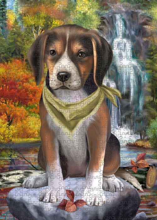 Scenic Waterfall American English Foxhound Dog Portrait Jigsaw Puzzle for Adults Animal Interlocking Puzzle Game Unique Gift for Dog Lover's with Metal Tin Box PZL672