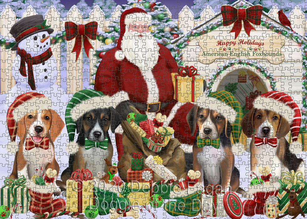 Christmas Dog house Gathering American English Foxhound Dogs Portrait Jigsaw Puzzle for Adults Animal Interlocking Puzzle Game Unique Gift for Dog Lover's with Metal Tin Box