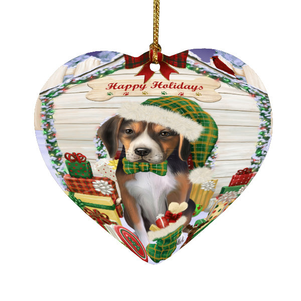Christmas House with Presents American English Foxhound Dog Heart Christmas Ornament HPORA59122