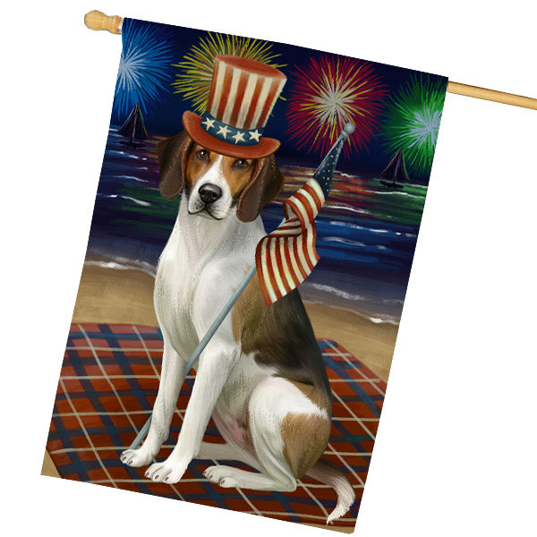 4th of July Independence Day Firework American English Foxhound Dog House Flag Outdoor Decorative Double Sided Pet Portrait Weather Resistant Premium Quality Animal Printed Home Decorative Flags 100% Polyester FLG68842