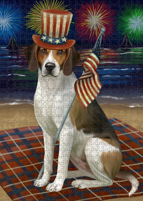 4th of July Independence Day Firework American English Foxhound Dog Portrait Jigsaw Puzzle for Adults Animal Interlocking Puzzle Game Unique Gift for Dog Lover's with Metal Tin Box PZL396