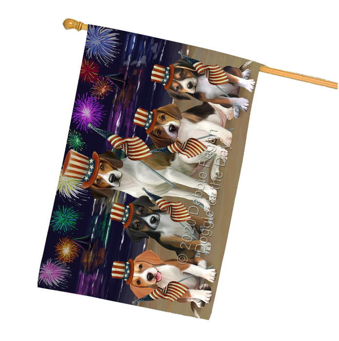 4th of July Independence Day Firework American English Foxhound Dogs House Flag Outdoor Decorative Double Sided Pet Portrait Weather Resistant Premium Quality Animal Printed Home Decorative Flags 100% Polyester