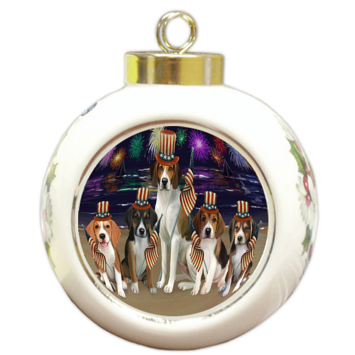 4th of July Independence Day Firework American English Foxhound Dogs Round Ball Christmas Ornament Pet Decorative Hanging Ornaments for Christmas X-mas Tree Decorations - 3" Round Ceramic Ornament