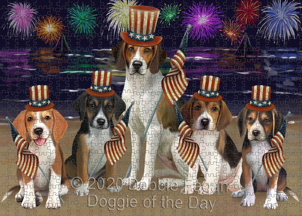 4th of July Independence Day Firework American English Foxhound Dogs Portrait Jigsaw Puzzle for Adults Animal Interlocking Puzzle Game Unique Gift for Dog Lover's with Metal Tin Box