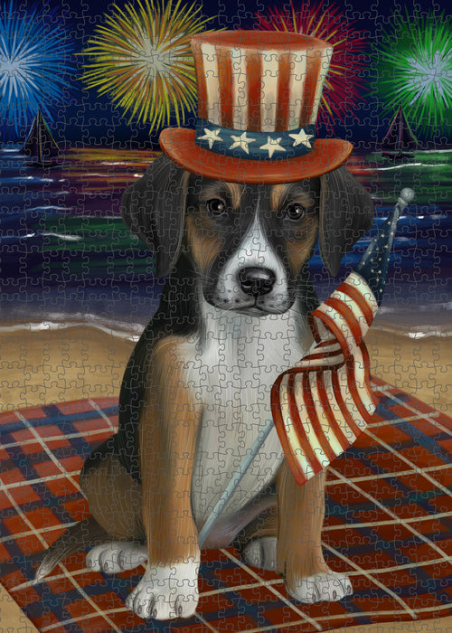 4th of July Independence Day Firework American English Foxhound Dog Portrait Jigsaw Puzzle for Adults Animal Interlocking Puzzle Game Unique Gift for Dog Lover's with Metal Tin Box PZL397