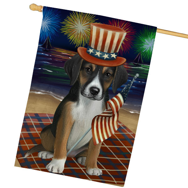 4th of July Independence Day Firework American English Foxhound Dog House Flag Outdoor Decorative Double Sided Pet Portrait Weather Resistant Premium Quality Animal Printed Home Decorative Flags 100% Polyester FLG68843