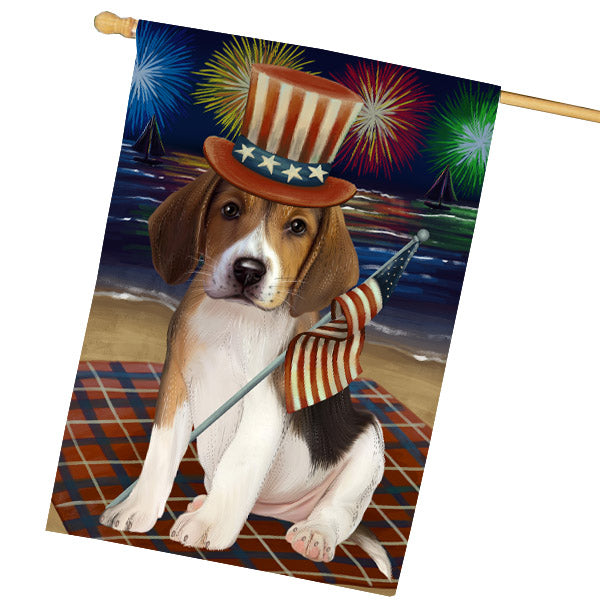 4th of July Independence Day Firework American English Foxhound Dog House Flag Outdoor Decorative Double Sided Pet Portrait Weather Resistant Premium Quality Animal Printed Home Decorative Flags 100% Polyester FLG68844