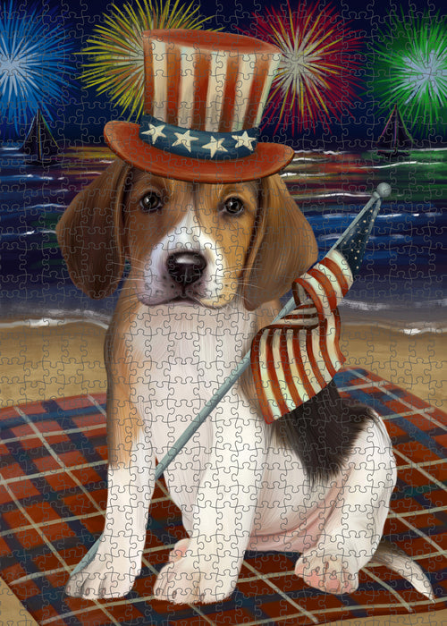 4th of July Independence Day Firework American English Foxhound Dog Portrait Jigsaw Puzzle for Adults Animal Interlocking Puzzle Game Unique Gift for Dog Lover's with Metal Tin Box PZL398