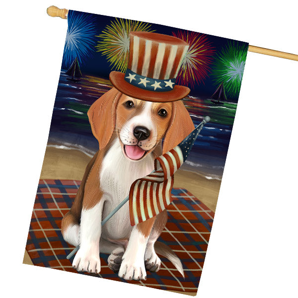 4th of July Independence Day Firework American English Foxhound Dog House Flag Outdoor Decorative Double Sided Pet Portrait Weather Resistant Premium Quality Animal Printed Home Decorative Flags 100% Polyester FLG68845