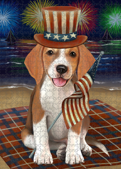 4th of July Independence Day Firework American English Foxhound Dog Portrait Jigsaw Puzzle for Adults Animal Interlocking Puzzle Game Unique Gift for Dog Lover's with Metal Tin Box PZL399