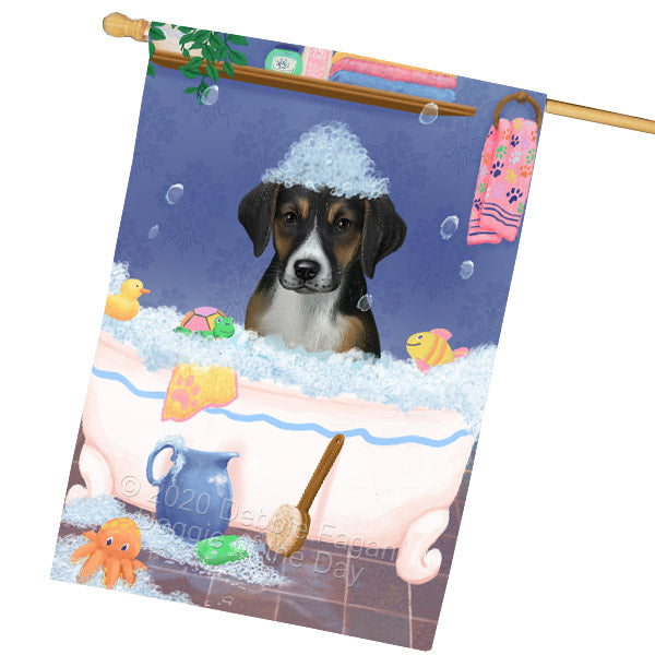 Rub a Dub Dogs in a Tub American English Foxhound Dog House Flag Outdoor Decorative Double Sided Pet Portrait Weather Resistant Premium Quality Animal Printed Home Decorative Flags 100% Polyester FLG69134