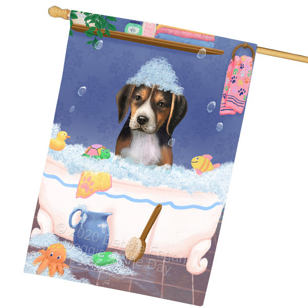 Rub a Dub Dogs in a Tub American English Foxhound Dog House Flag Outdoor Decorative Double Sided Pet Portrait Weather Resistant Premium Quality Animal Printed Home Decorative Flags 100% Polyester FLG69136