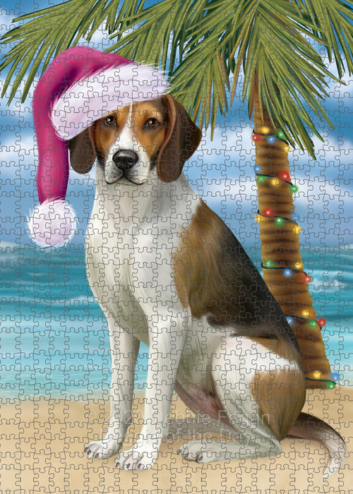 Christmas Summertime Island Tropical Beach American English Foxhound Dog Portrait Jigsaw Puzzle for Adults Animal Interlocking Puzzle Game Unique Gift for Dog Lover's with Metal Tin Box PZL694