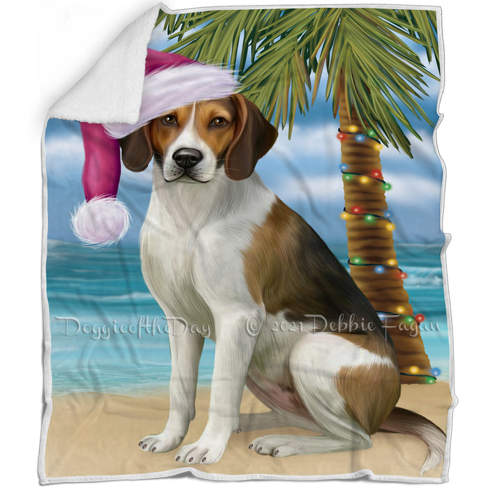 Summertime Happy Holidays Christmas American English Foxhound Dog on Tropical Island Beach Blanket BLNKT143427